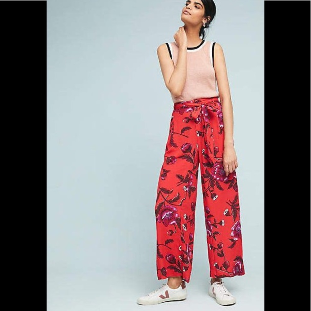 Anthro Et:twa Margo Red Floral Wide Leg Trousers